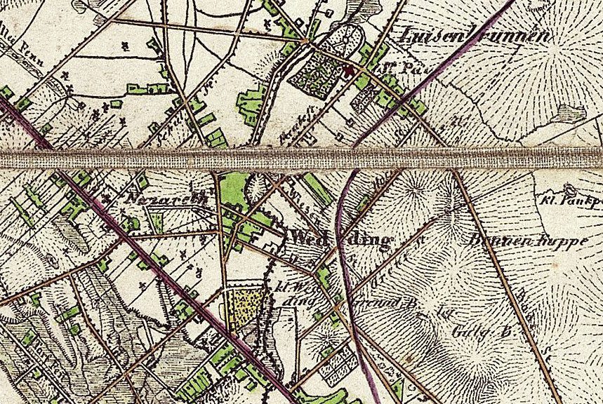 Statt Gesundbrunnen heißt es Luisenbrunnen auf einer Karte aus dem Jahr 1842. Gemeinfrei