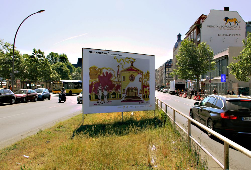 Ein Plakat der Ausstellung "mein wedding 4" auf der Müllerstraße mit einem Motiv von Susanne Haun. Foto: Hensel
