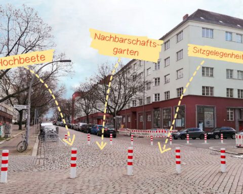 Auf der Fläche zwischen den Diagonalsperren in der Bellermannstraße soll eine Gartengruppe aktiv werden. Visualisierung: gruppe F