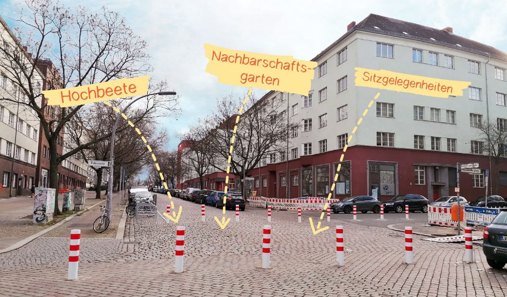 Auf der Fläche zwischen den Diagonalsperren in der Bellermannstraße soll eine Gartengruppe aktiv werden. Visualisierung: gruppe F