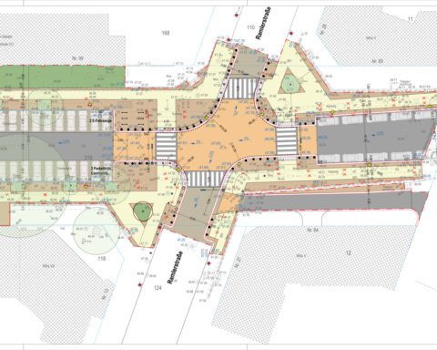 Der Plan für den Umbau der Swinemünder Straße. Zu sehen ist die Kreuzung Swinemünder- und Ramlerstraße. Foto: Gruppe Planwerk/Bezirksamt Mitte