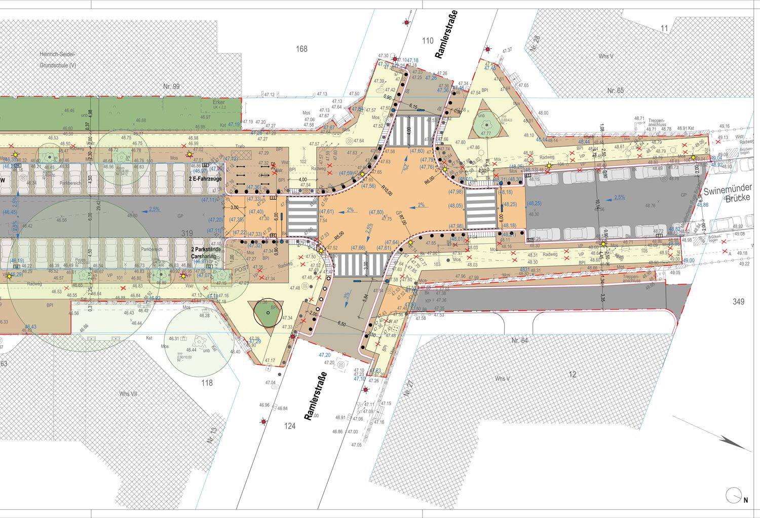 Der Plan für den Umbau der Swinemünder Straße. Zu sehen ist die Kreuzung Swinemünder- und Ramlerstraße. Foto: Gruppe Planwerk/Bezirksamt Mitte