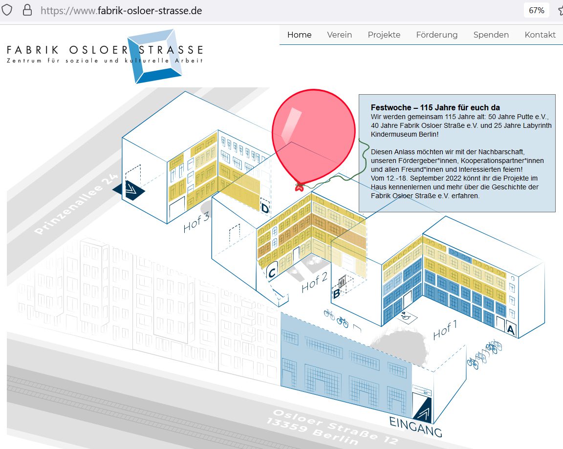 Screenshot der Webseite der Fabrik Osloer Straße. Repro: Weddingweiser
