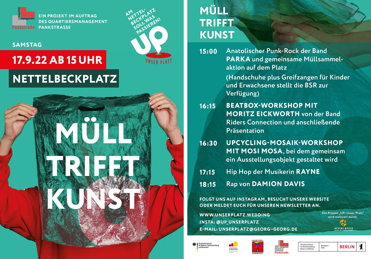 Plakat zur Aktion "Müll trifft Kunst" auf dem Nettelbeckplatz zum World Cleanup Day 2022