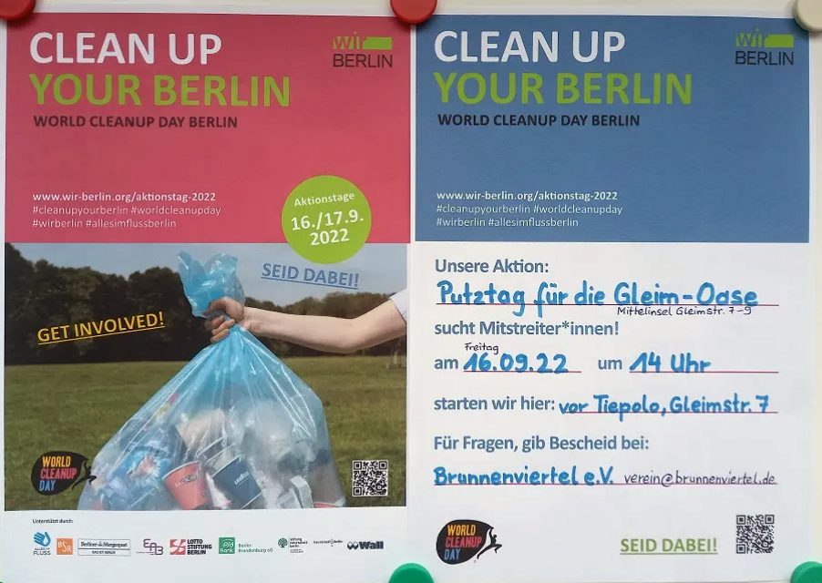 Plakat zum World Cleanup Day 2022 auf der Gleim-Oase. Foto: Brunnenviertel e.V.