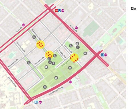 Der Plan für die Maßnahmen zur Verkehrsberuhigung im Brüsseler Kiez. Hier soll en Kiezblock entstehen. Grafik: Bezirksamt Mitte