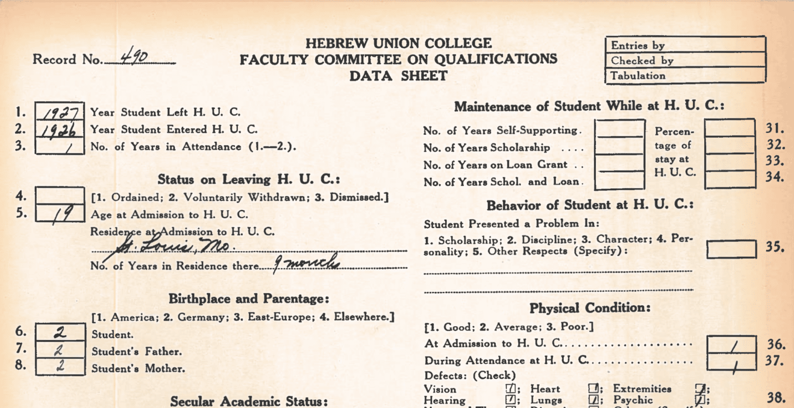 Auszug aus der Akte von Ludwig Mehler vom Hebrew Union College (USA), 1927.