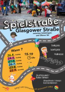 Flyer für die Spielstraßen-Saison 2024 in der Glasgower Straße. Grafik: Initiative Spielstraße Glasgower Straße