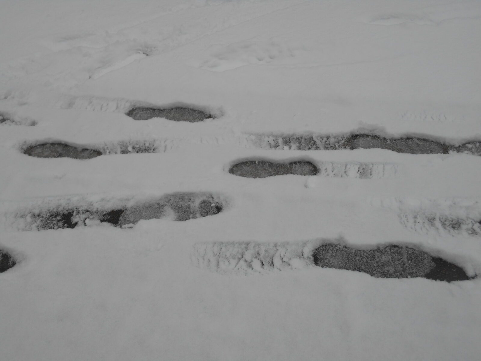 Sich begegnende Fußstapfen im nassen Schnee