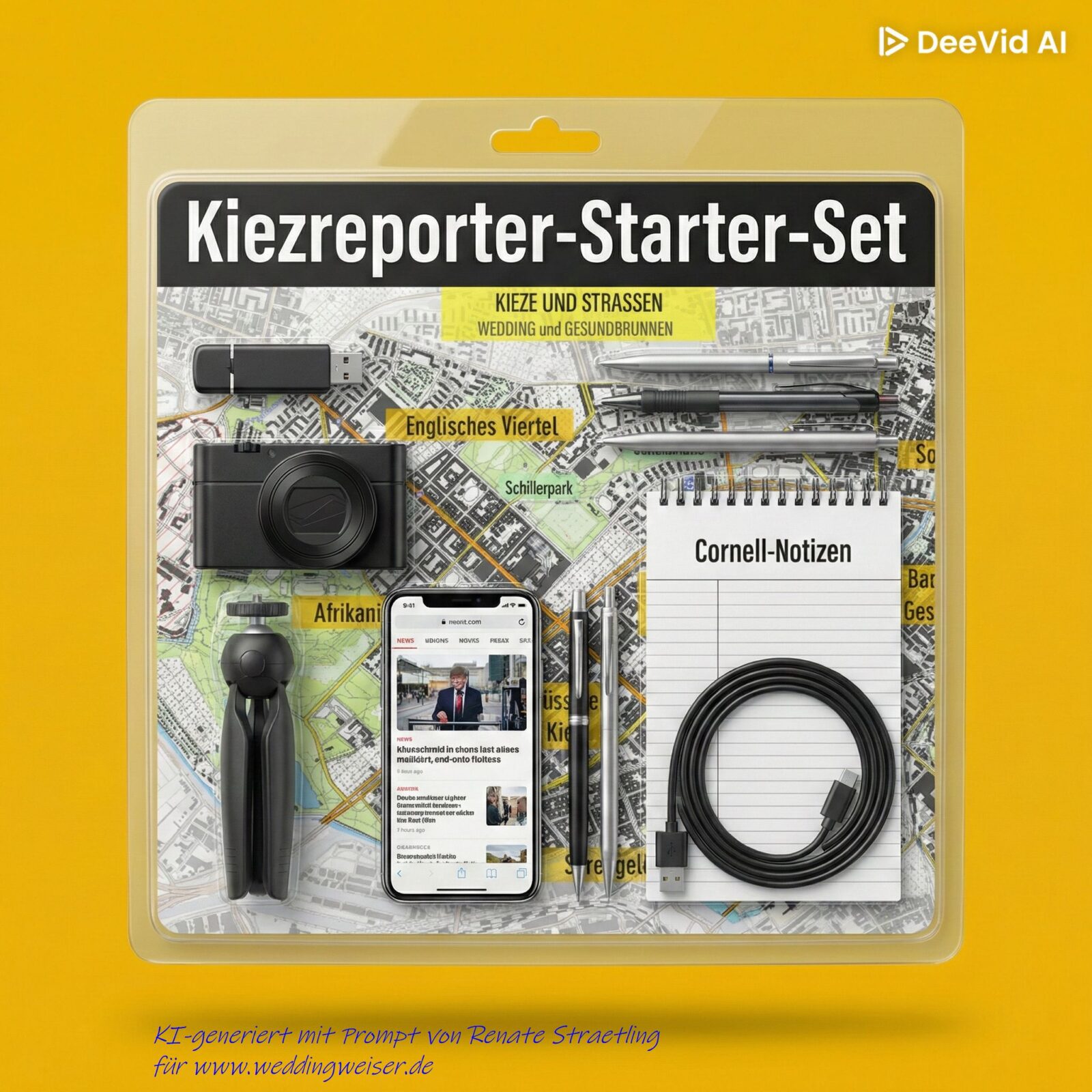 Eine Blisterpackung mit etlichem Basis-Zubehör für die journalistische Arbeit (USB-Stick. Kompaktkamera, KAmerast)ativ, Block Kugelschreiber, Interlinkkabel)