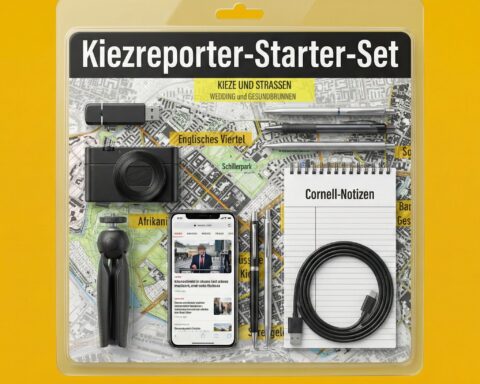 Eine Blisterpackung mit etlichem Basis-Zubehör für die journalistische Arbeit (USB-Stick. Kompaktkamera, KAmerast)ativ, Block Kugelschreiber, Interlinkkabel)