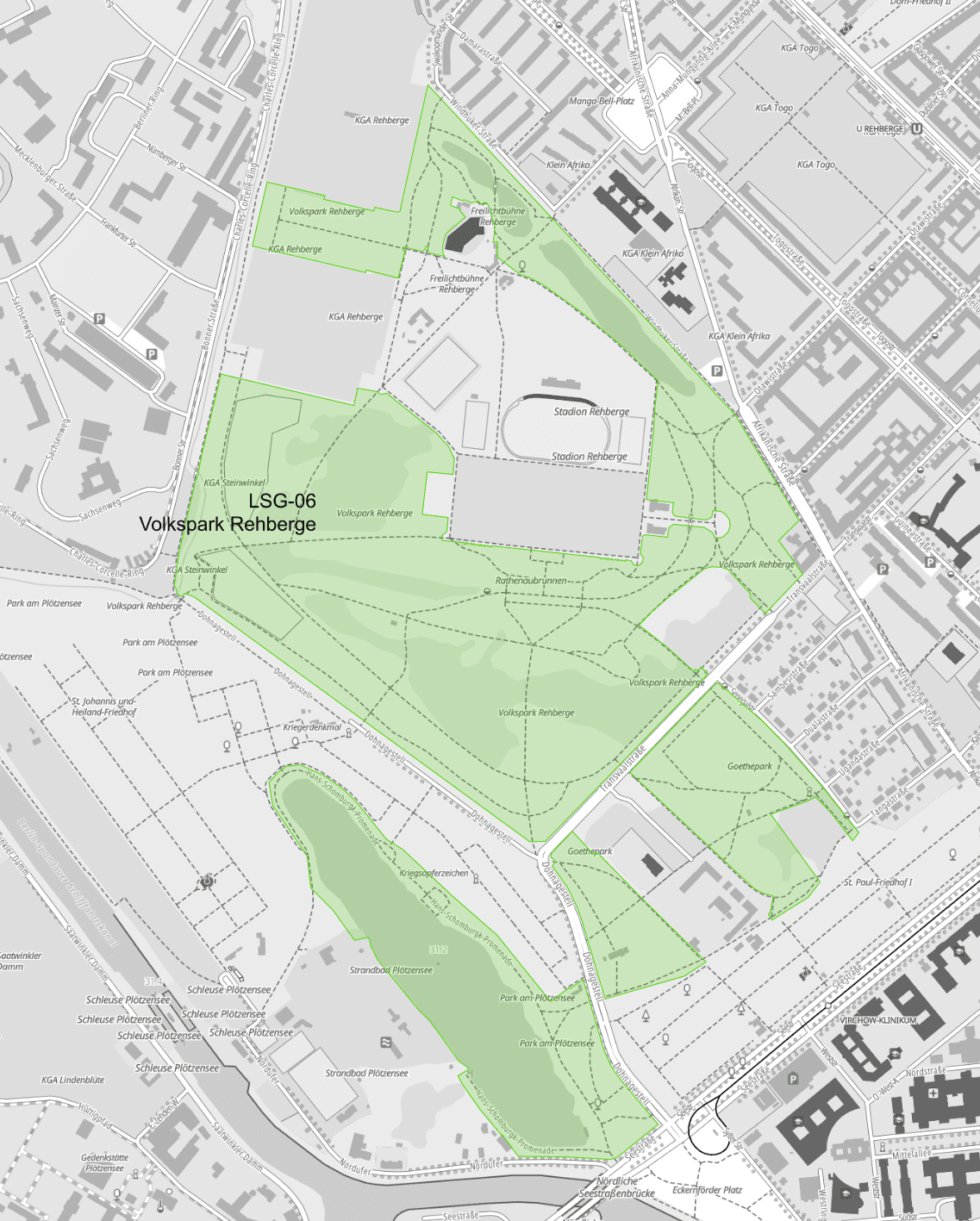 Karte des Landschaftschutzgebietes Rehberge. Mit dazu gehören Bereiche neben dem Plötzensee.